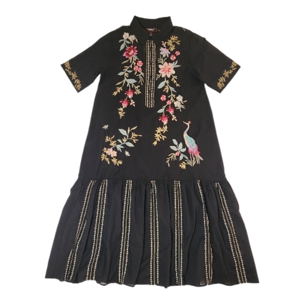 Johnny Was Workshop Embroidered Maxi Shirt Dress Peacock Floral Cotton Dress